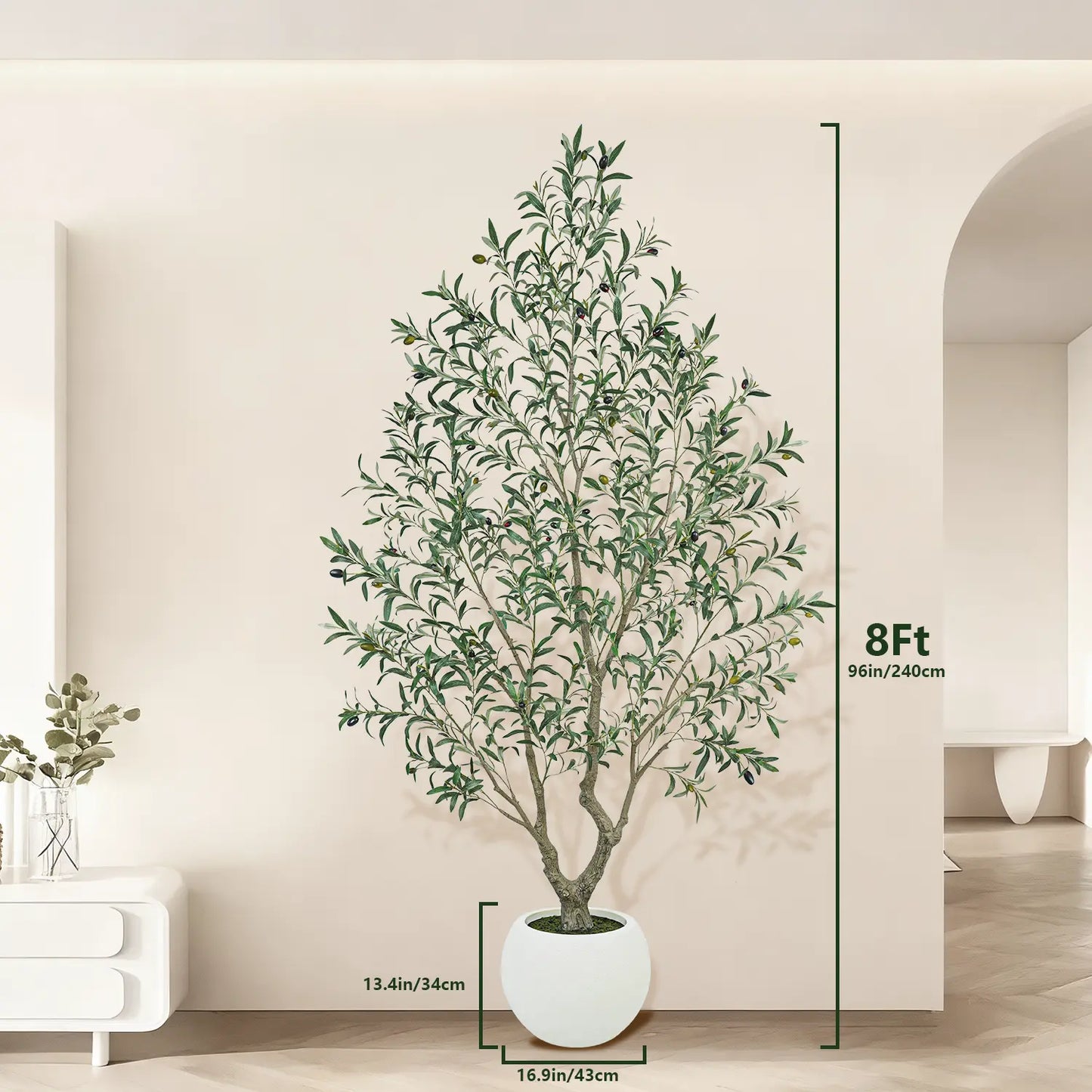 Realistic Artificial Olive Tree with Thick Trunk & Lifelike Fruit – 5/6/7/8FT, Perfect for Home & Office Décor with round White Pot(Plastic Basin)