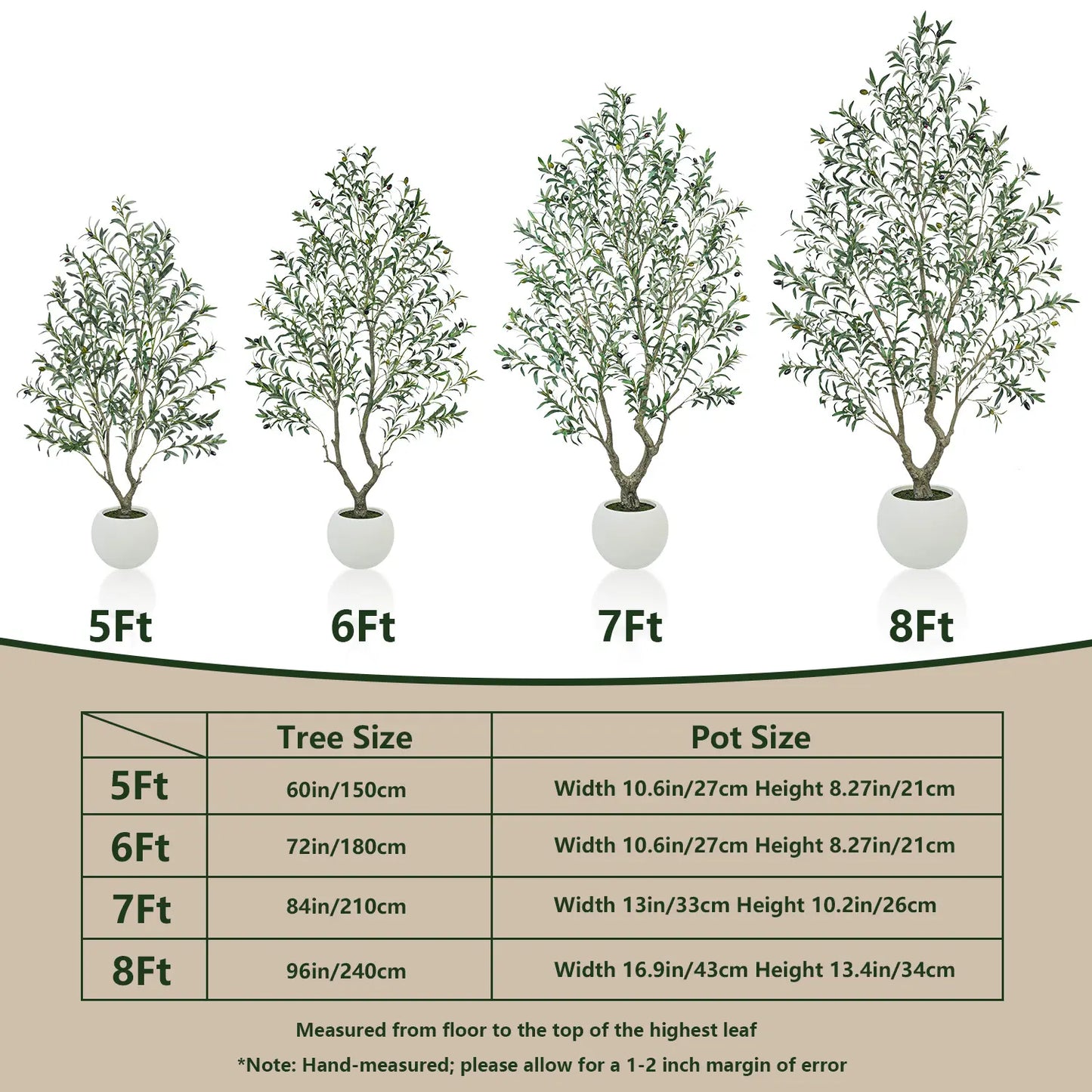 Realistic Artificial Olive Tree with Thick Trunk & Lifelike Fruit – 5/6/7/8FT, Perfect for Home & Office Décor with round White Pot（Plastic Basin）
