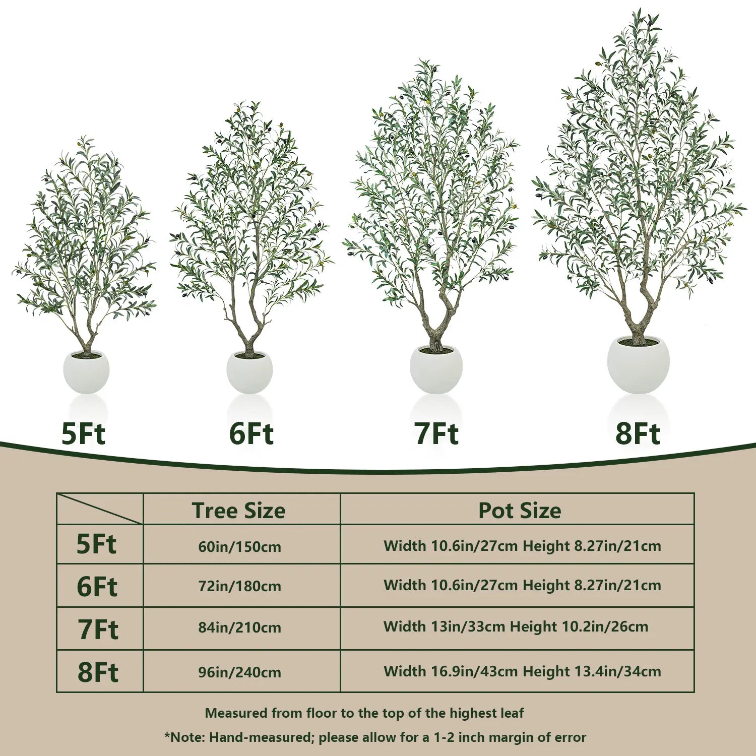 Realistic Artificial Olive Tree with Thick Trunk & Lifelike Fruit – 5/6/7/8FT, Perfect for Home & Office Décor with round White Pot（Plastic Basin）