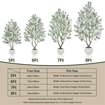 Realistic Artificial Olive Tree with Thick Trunk & Lifelike Fruit – 5/6/7/8FT, Perfect for Home & Office Décor with round White Pot（Plastic Basin）