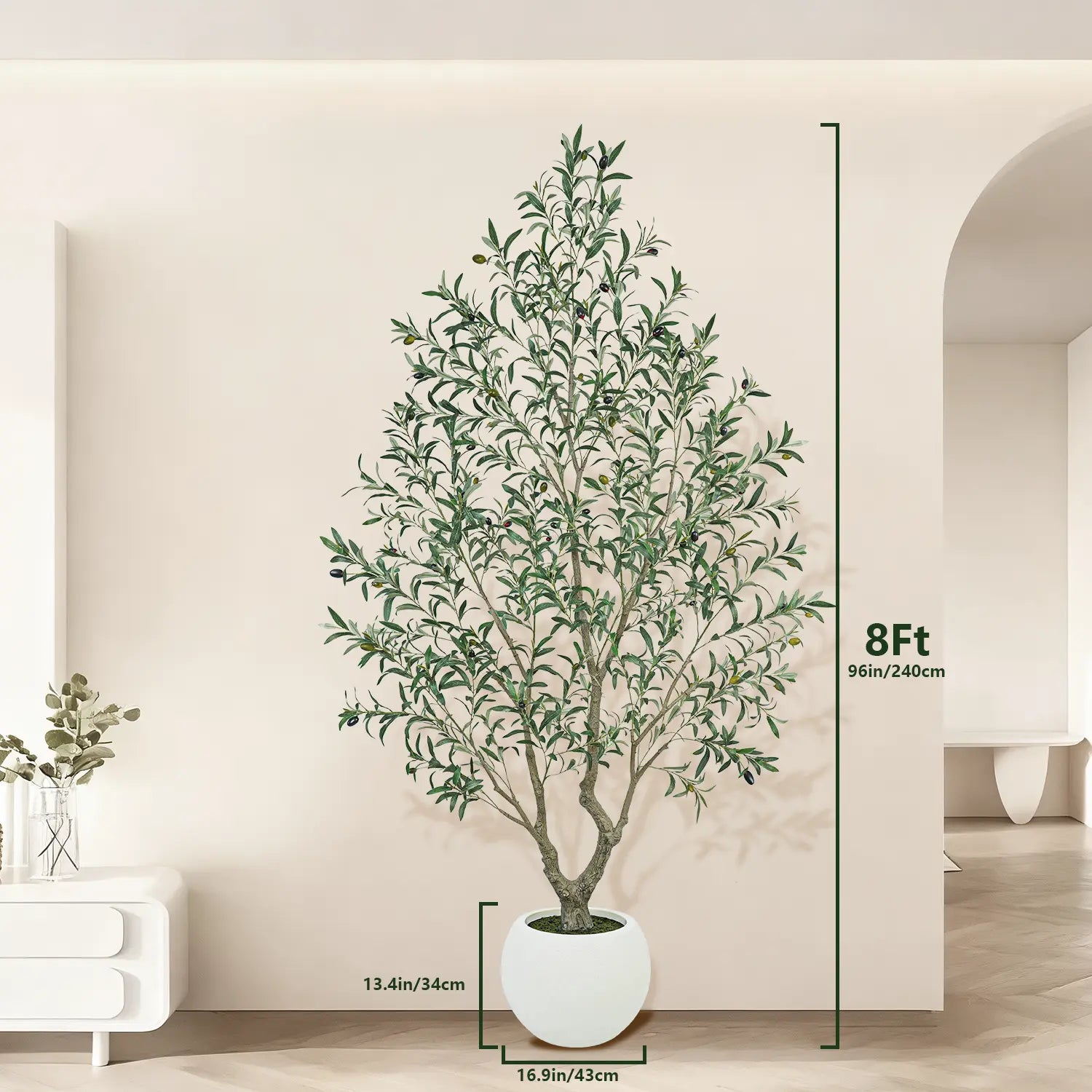 Realistic Artificial Olive Tree with Thick Trunk & Lifelike Fruit – 5/6/7/8FT, Perfect for Home & Office Décor with round White Pot（Plastic Basin）
