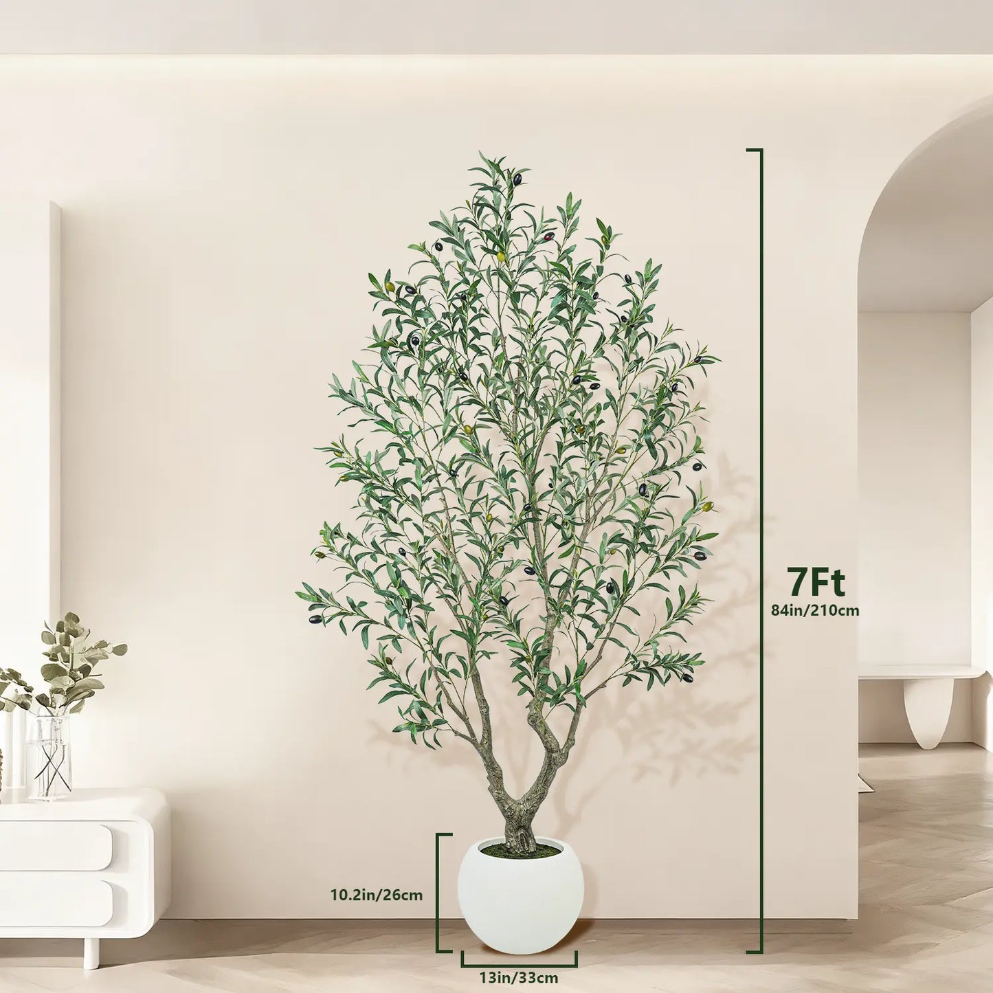 Realistic Artificial Olive Tree with Thick Trunk & Lifelike Fruit – 5/6/7/8FT, Perfect for Home & Office Décor with round White Pot（Plastic Basin）