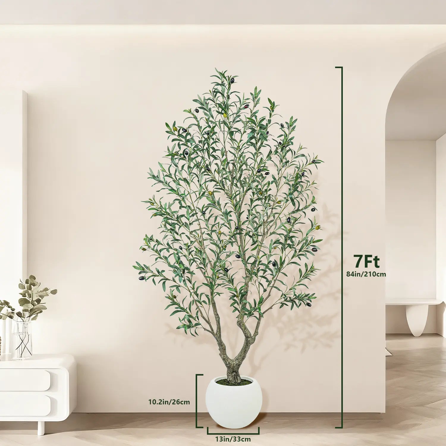 Realistic Artificial Olive Tree with Thick Trunk & Lifelike Fruit – 5/6/7/8FT, Perfect for Home & Office Décor with round White Pot（Plastic Basin）