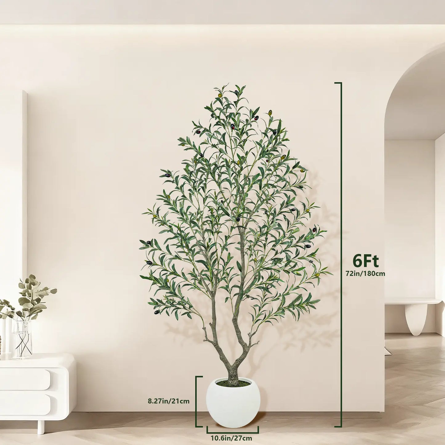 Realistic Artificial Olive Tree with Thick Trunk & Lifelike Fruit – 5/6/7/8FT, Perfect for Home & Office Décor with round White Pot（Plastic Basin）