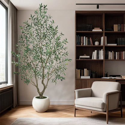 Realistic Artificial Olive Tree with Thick Trunk & Lifelike Fruit – 5/6/7/8FT, Perfect for Home & Office Décor with round White Pot（Plastic Basin）