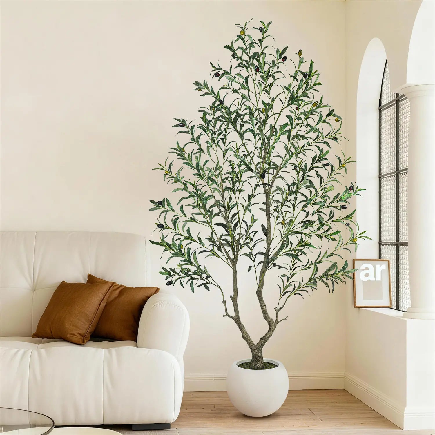 Realistic Artificial Olive Tree with Thick Trunk & Lifelike Fruit – 5/6/7/8FT, Perfect for Home & Office Décor with round White Pot（Plastic Basin）