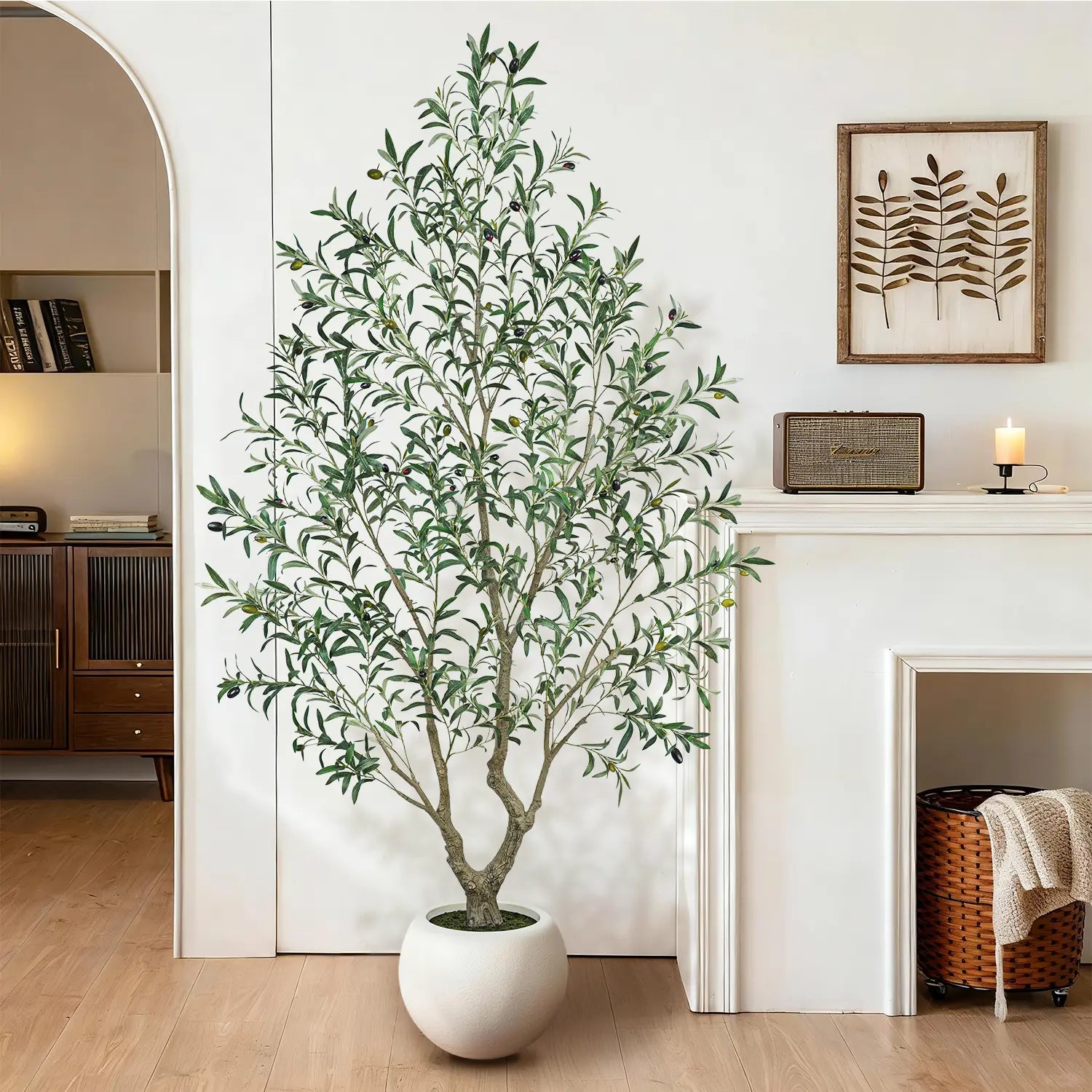Realistic Artificial Olive Tree with Thick Trunk & Lifelike Fruit – 5/6/7/8FT, Perfect for Home & Office Décor with round White Pot（Plastic Basin）