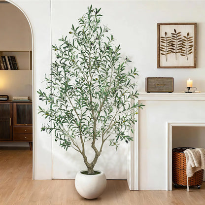 Realistic Artificial Olive Tree with Thick Trunk & Lifelike Fruit – 5/6/7/8FT, Perfect for Home & Office Décor with round White Pot（Plastic Basin）