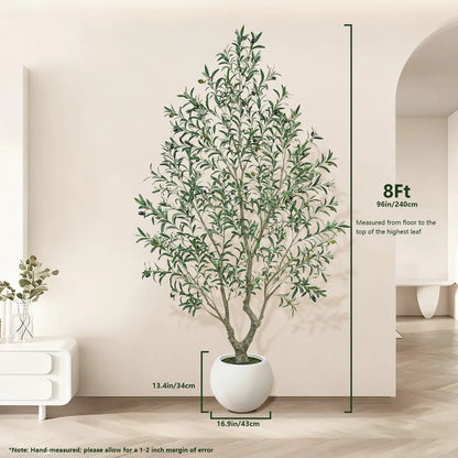 Realistic Artificial Olive Tree with Thick Trunk & Lifelike Fruit – 5/6/7/8FT, Perfect for Home & Office Décor with round White Pot（Plastic Basin）